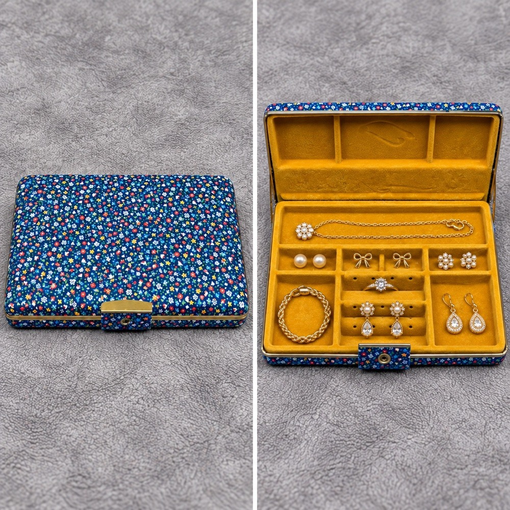 Vintage Jewelry Travel Case Blue Calico Floral Print Mustard Velvet Lining